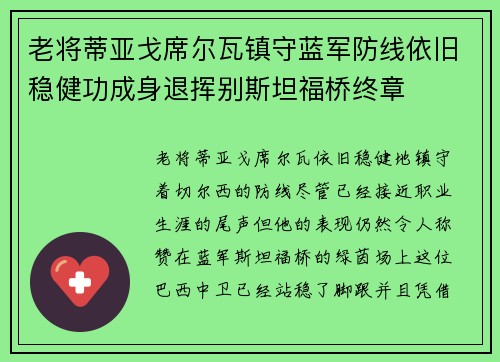 老将蒂亚戈席尔瓦镇守蓝军防线依旧稳健功成身退挥别斯坦福桥终章