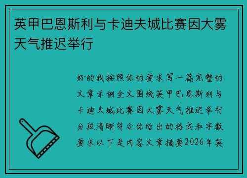英甲巴恩斯利与卡迪夫城比赛因大雾天气推迟举行
